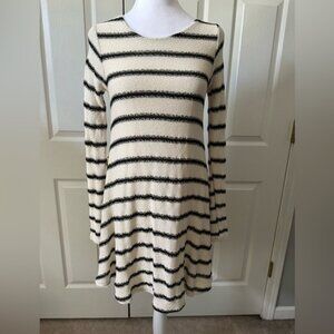 Sage Striped Knit Dress, long Sleeves, decorative Buttons, Small